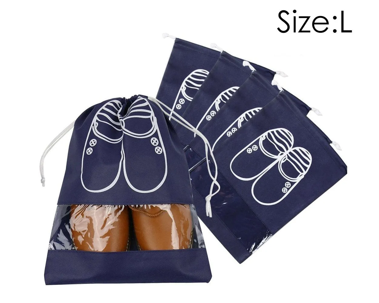 5 Pieces Portable Shoe Bags with Drawstring - Navy Blue