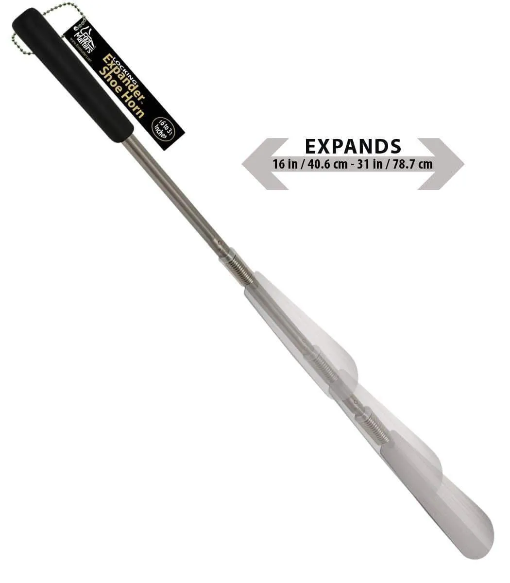 FootMatters Expander Shoe Horn Extra Long Handle Stainless Steel Twist to Lock Extends 16 to 31 inches