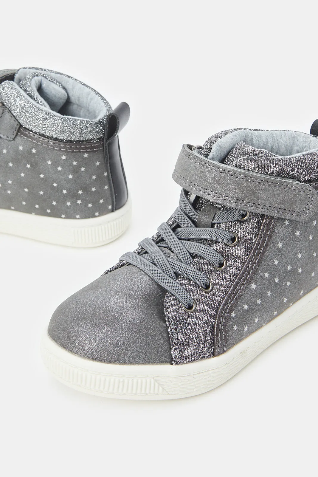 Girls Grey Velcro Strap High-Top Sneakers