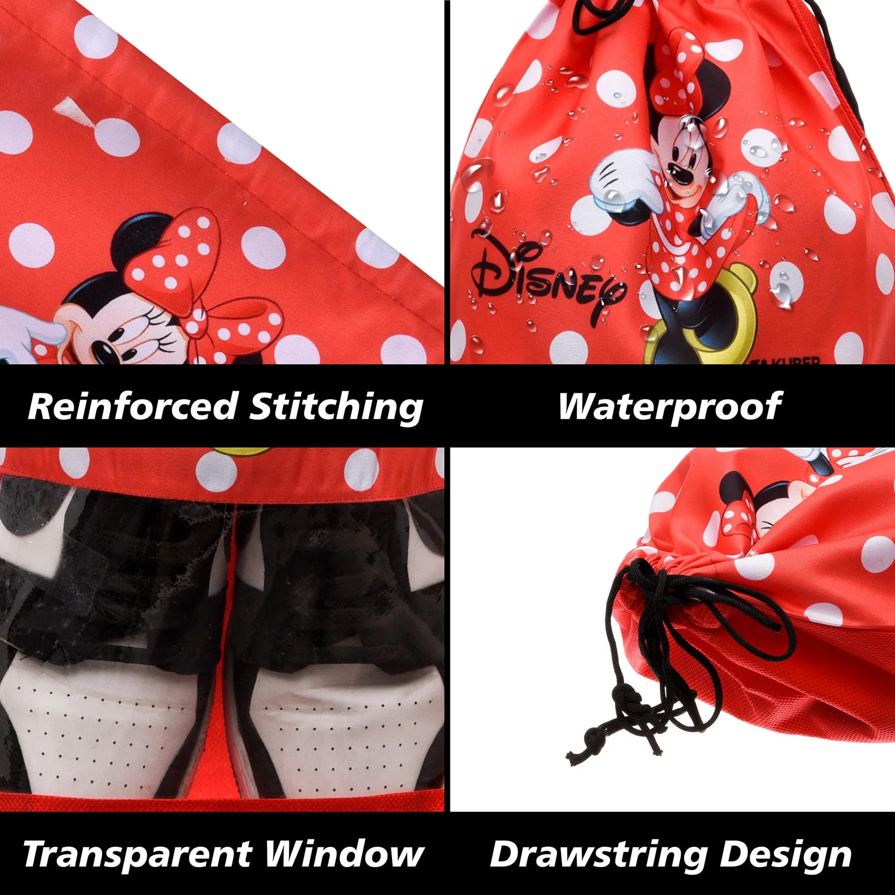 Kuber Industries Disney Minnie Shoe Cover | Travel Shoe Storage Bags | Polyester Storage Bag | Drawstring Shoe Cover | Shoe Organizer with Clear window | Pack of 12 | Red