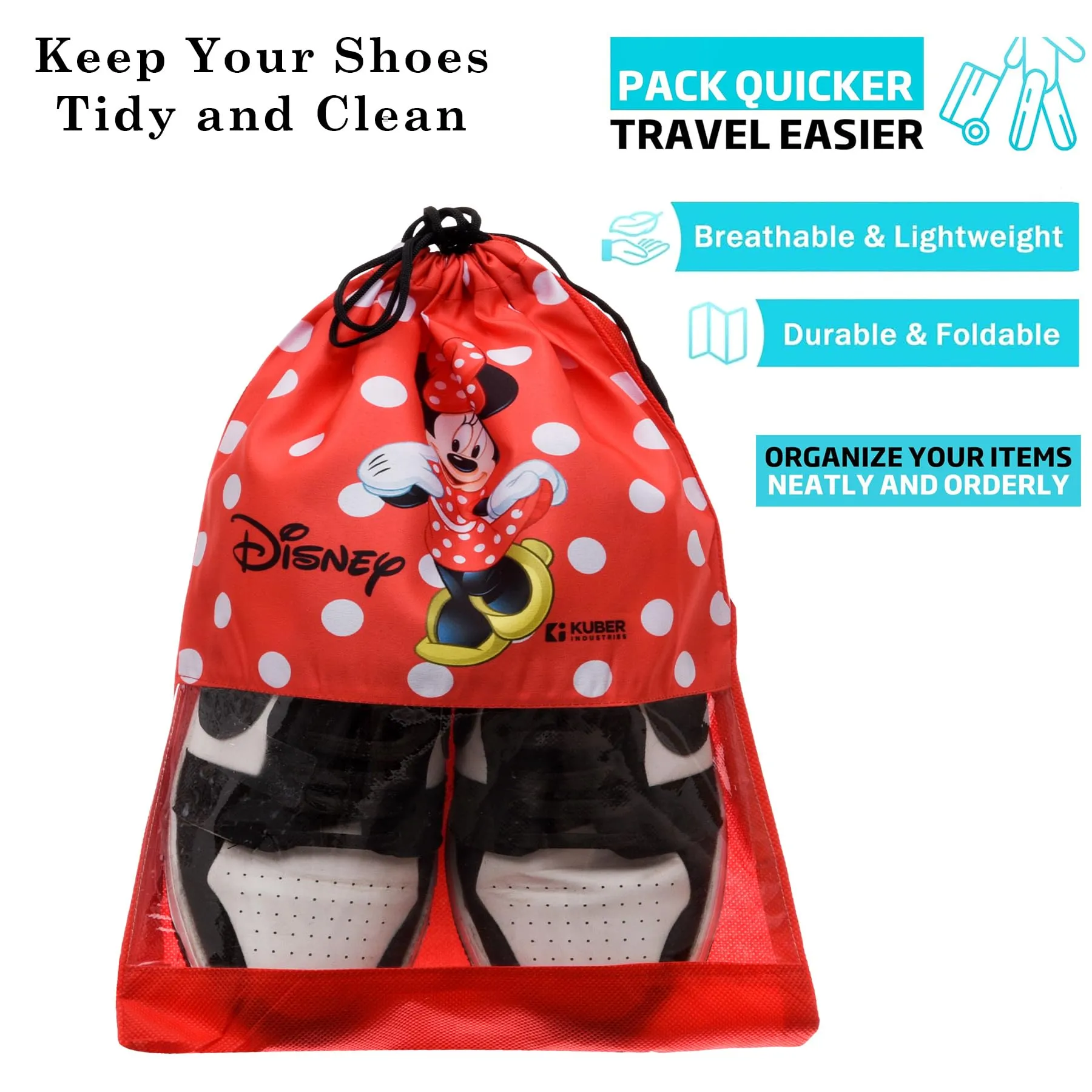 Kuber Industries Disney Minnie Shoe Cover | Travel Shoe Storage Bags | Polyester Storage Bag | Drawstring Shoe Cover | Shoe Organizer with Clear window | Pack of 12 | Red