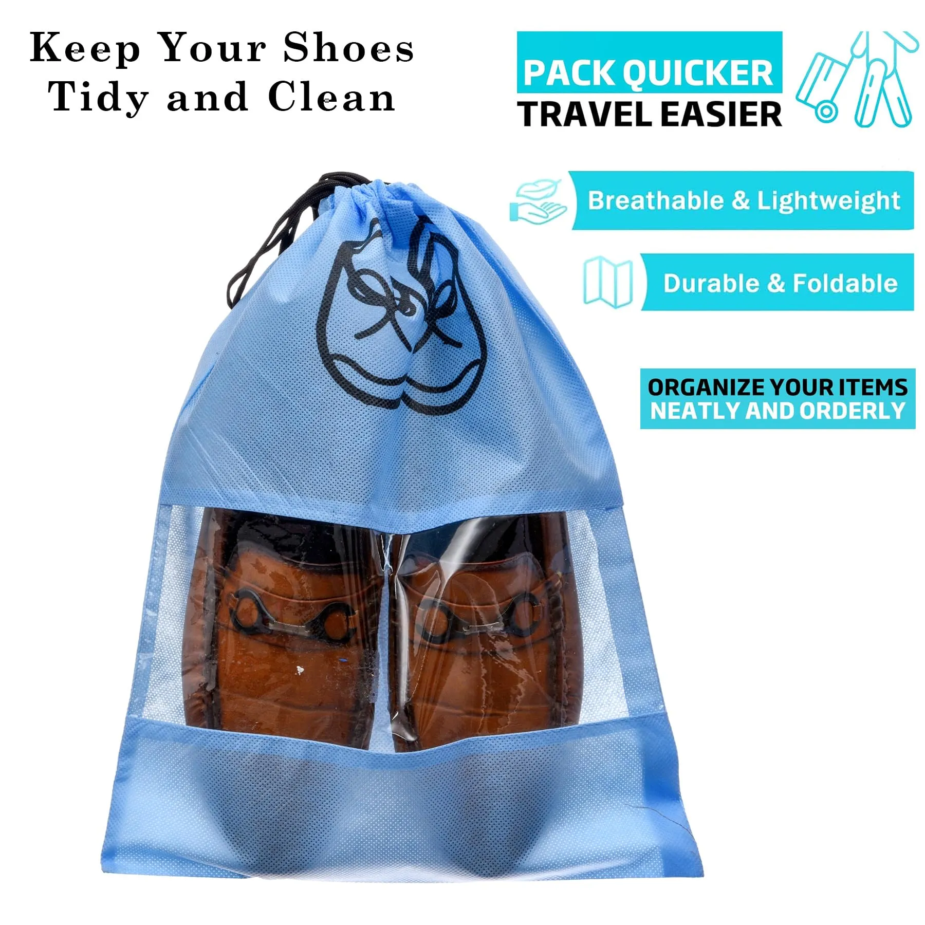 Kuber Industries Shoe Cover | Travel Shoe Storage Bags | Non-Woven Storage Bag | Shoe Cover with Drawstring | Shoe Organizer with Clear Window | Plain | Pack of 6 | Sky Blue