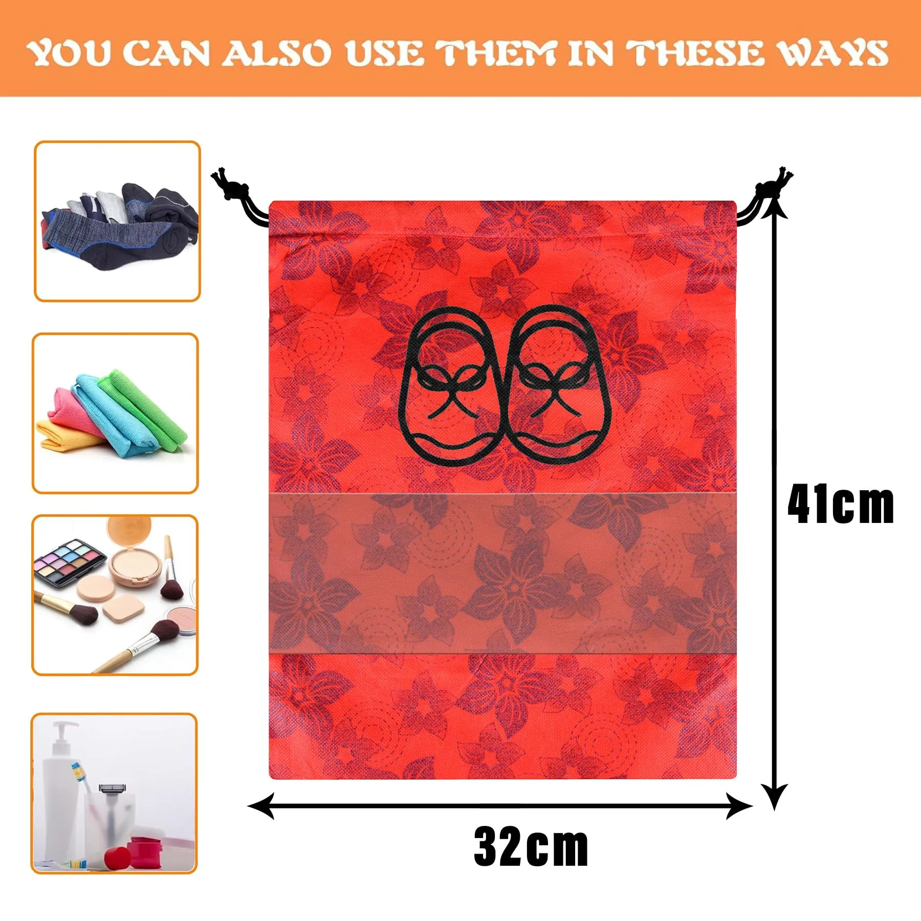 Kuber Industries Shoe Cover | Travel Shoe Storage Bags | Non-Woven Storage Bags | Shoe Cover with Drawstring | Shoe Organizer with Clear Window | Flower-Design | Pack of 12 | Red