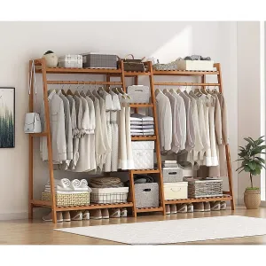 Large Bamboo Clothes Rack with Shelves, Dark Wood