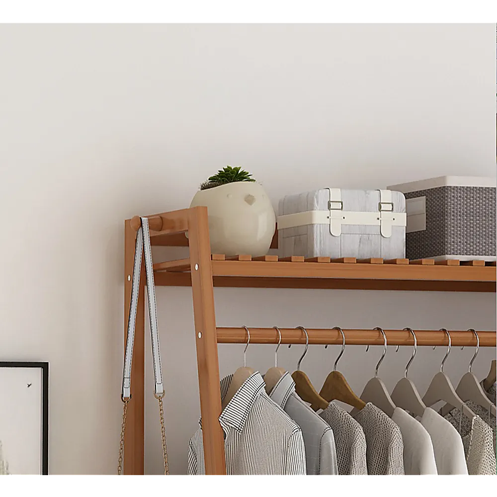 Large Bamboo Clothes Rack with Shelves, Dark Wood