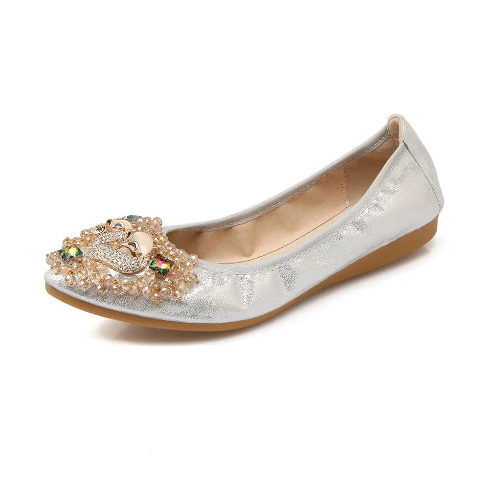 Merendy Kiondo flat heel Round toe Foldable embellished ballet flats