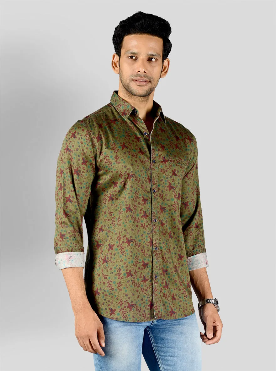 Olive Green Printed Slim Fit Casual Shirt | JadeBlue