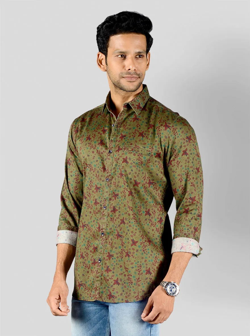 Olive Green Printed Slim Fit Casual Shirt | JadeBlue