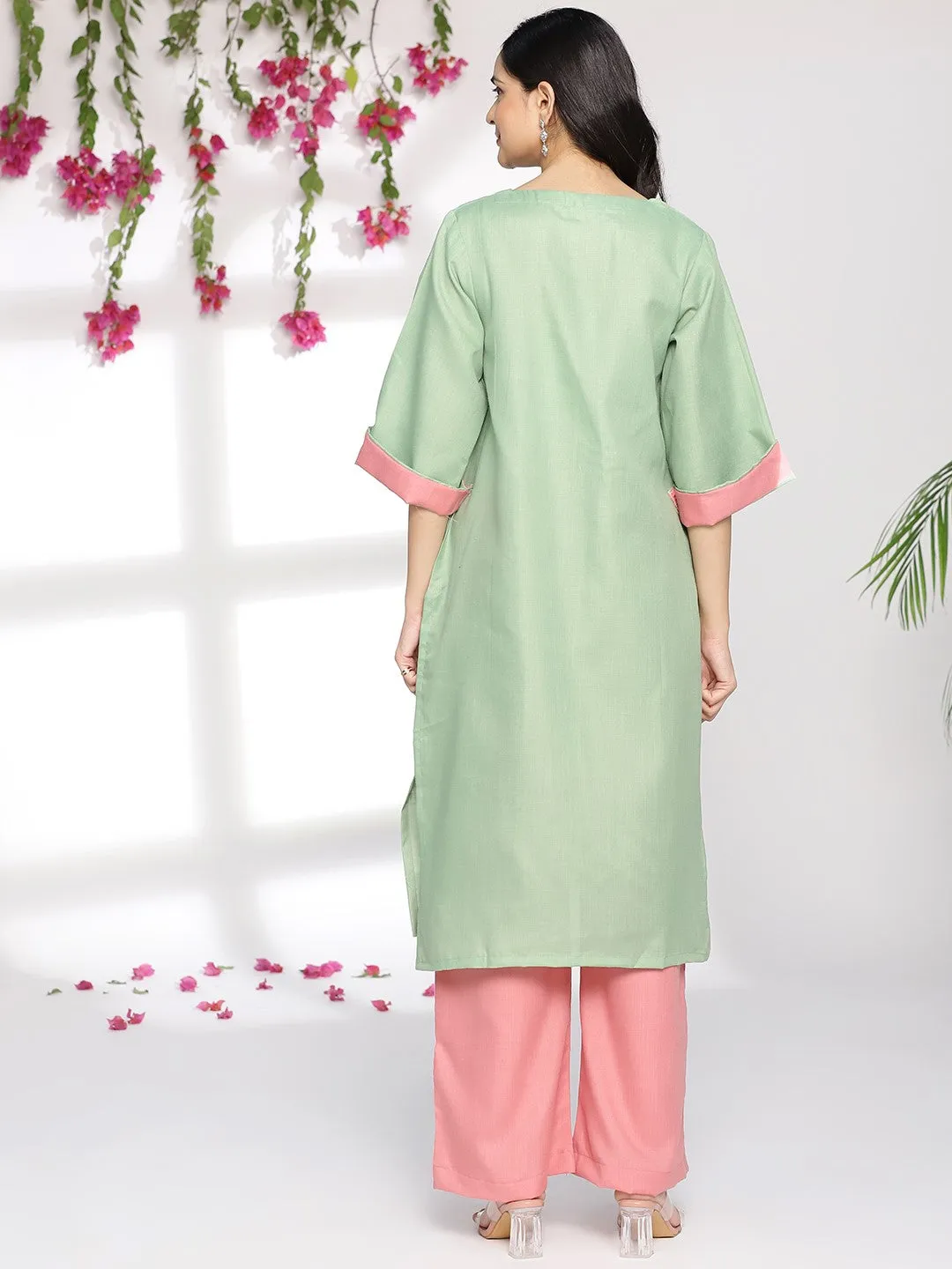 SageGreen CottonSlub LongKurta & Blush Palazzo