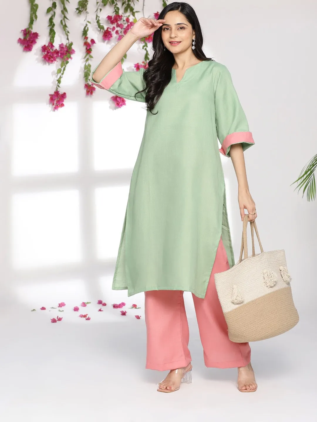 SageGreen CottonSlub LongKurta & Blush Palazzo