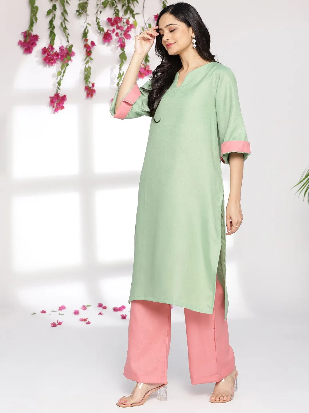 SageGreen CottonSlub LongKurta & Blush Palazzo