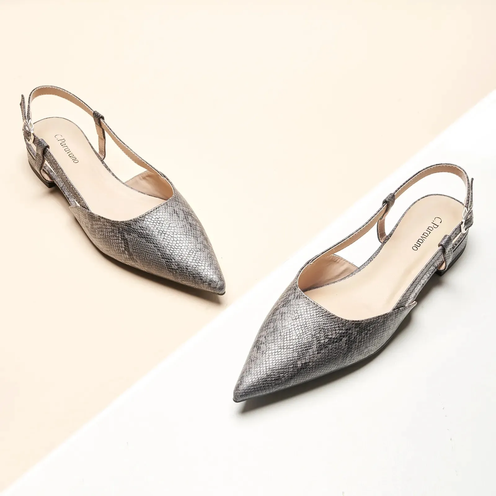 Sleek Prints Slingback Flats (Freya) Deep Grey Snake