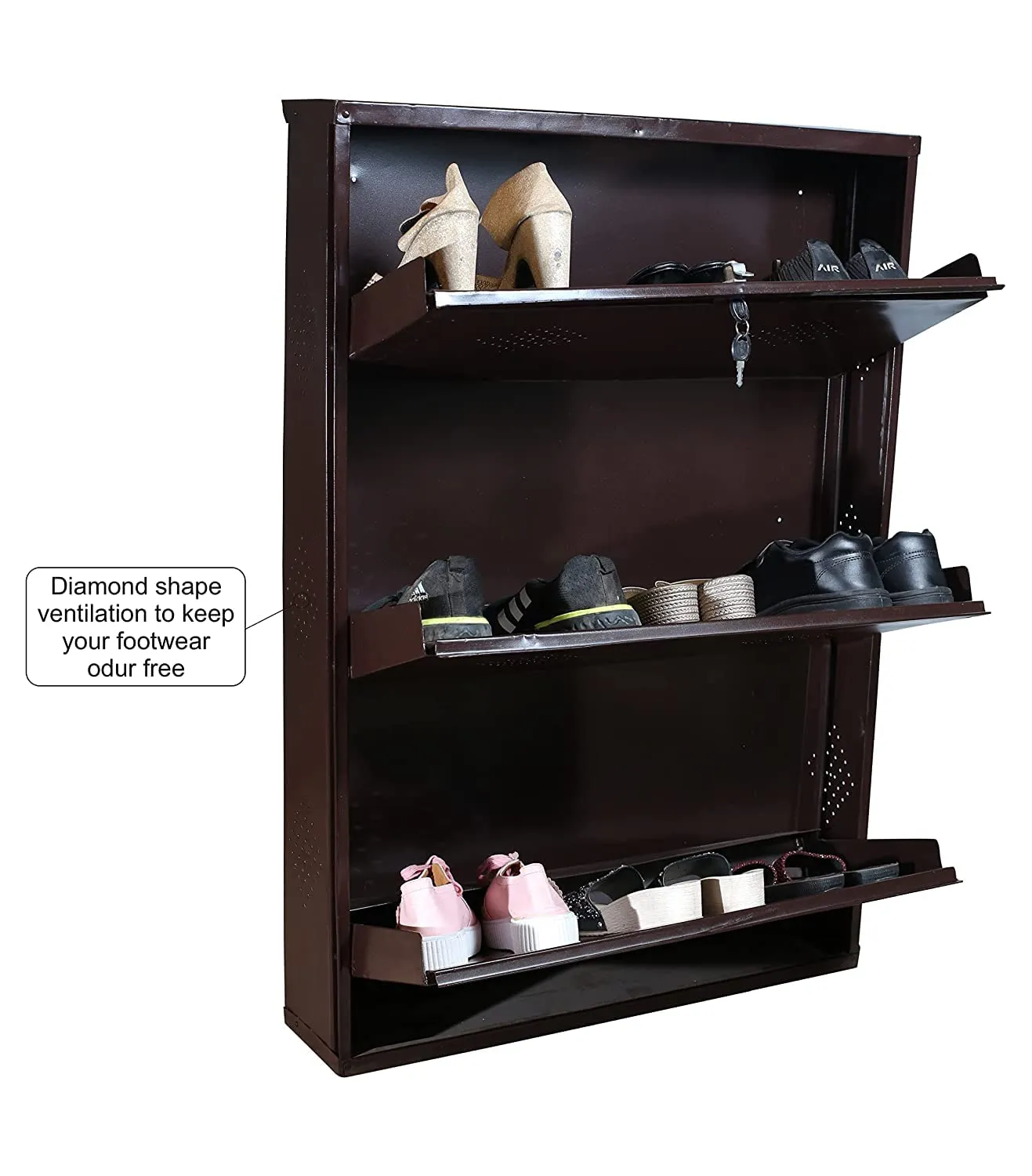 Toylation 3 Door Steel Metal Wall Mounted Shoe Rack with Central Locking System and Key Elegant Style